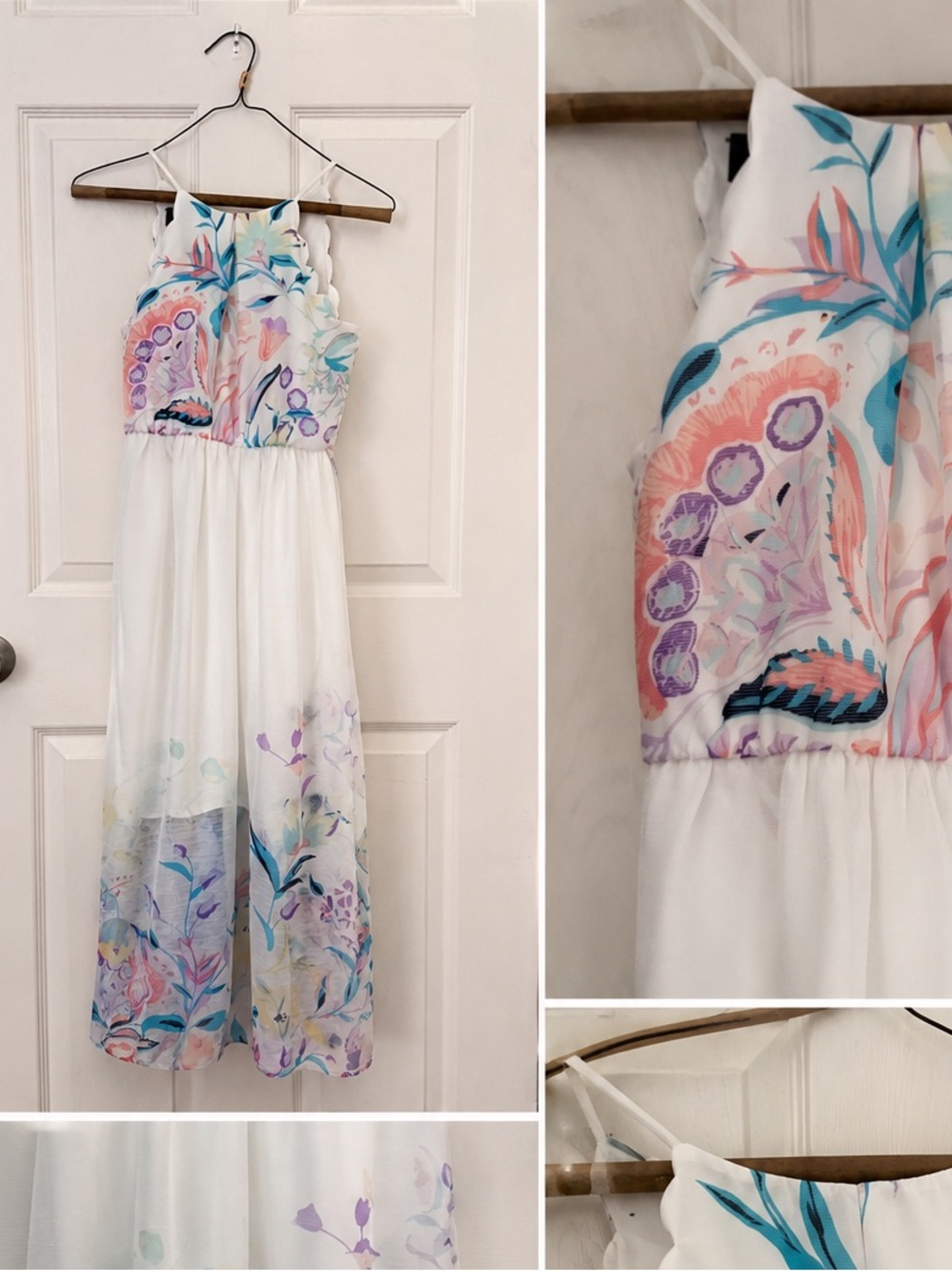 Iz Byer White Floral Scallop-Halter Maxi Dress with Pastel Accents